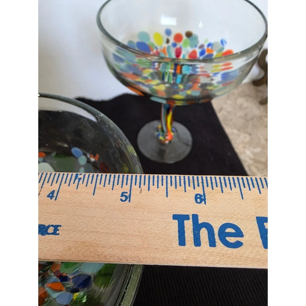 Set of 3 Hand Blown Mexican Margarita Glasses with Colorful Confetti Swirl Stems